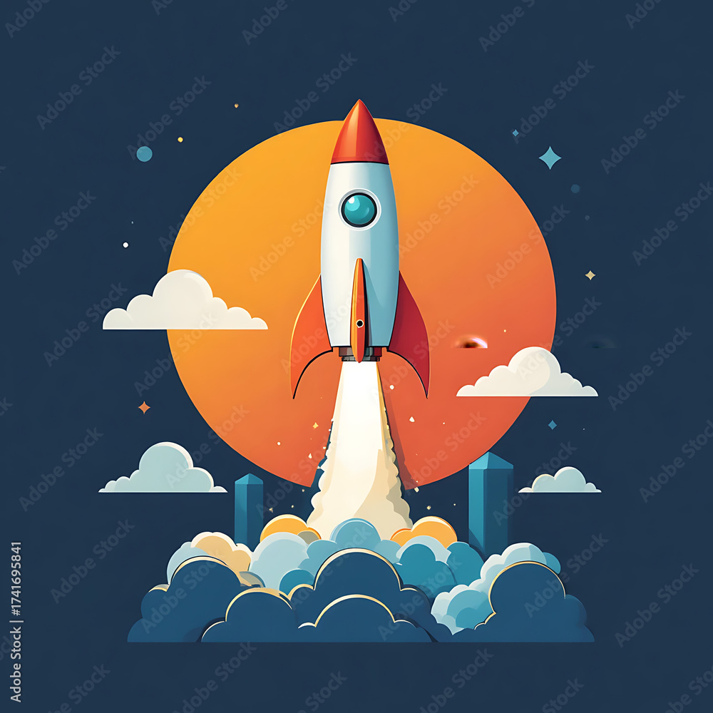 Fototapeta premium Rocket taking off against a large orange sun, surrounded by clouds and city buildings, set in a starry night sky.