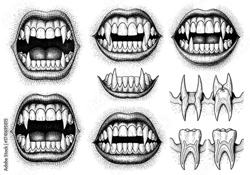 Vampire teeth collection, engraving sketch, black-and-white vector art for Halloween design