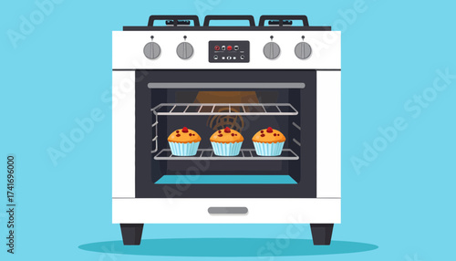 Muffins Baking in Modern White Oven - Flat Vector Illustration of Home Kitchen Appliance with Dessert
