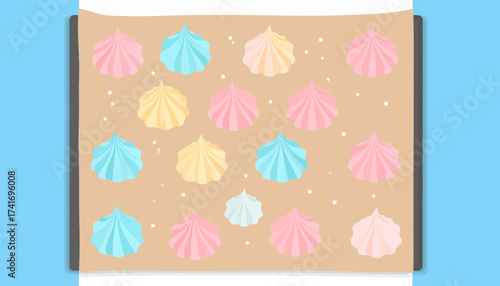 Colorful Pastel Meringue Cookies on Baking Sheet - Sweet Dessert Illustration