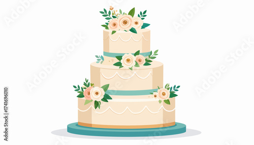 Elegant Three-Tiered Wedding Cake with Floral Accents and Ribbons - Vector Illustration