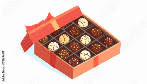 Open red gift box with assorted gourmet chocolates, isometric illustration on white background