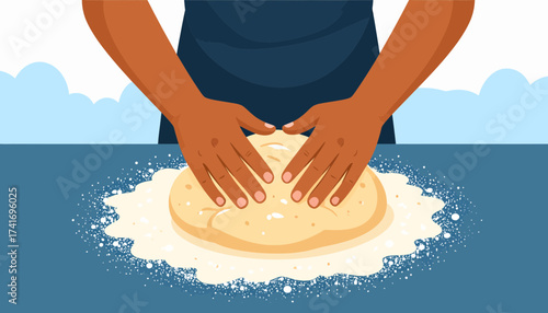 Hands Kneading Dough on Floured Surface. Homemade Baking & Cooking Preparation. Flat Vector Illustration.