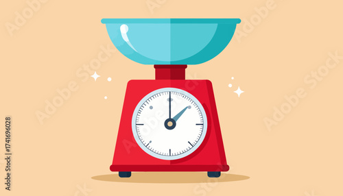 Red Kitchen Scale with Blue Bowl. Flat Vector Illustration for Food Measurement, Cooking, and Baking