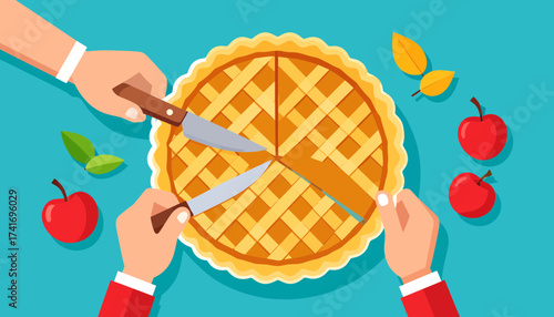 Hands cutting a golden lattice pie into three equal slices for sharing, surrounded by apples and leaves. Flat vector illustration.