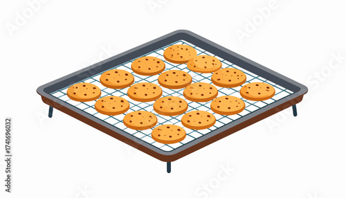 Isometric illustration of fresh chocolate chip cookies cooling on a wire rack on a baking sheet
