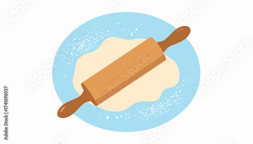 Wooden Rolling Pin with Dough and Flour Dusting on Light Blue Background - Baking & Cooking Illustration