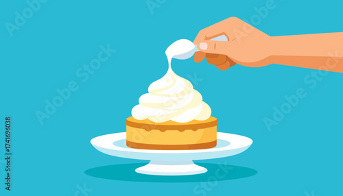 Hand pouring sauce on dessert with whipped cream. Sweet treat decoration. Flat vector illustration.