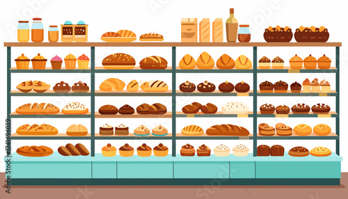 Bakery Shop Display Shelf with Assorted Freshly Baked Breads, Pastries, Muffins, and Cupcakes. Food Illustration.