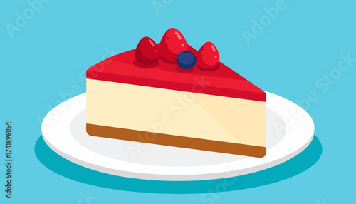 Strawberry Cheesecake Slice with Blueberry Topping on Plate - Flat Vector Illustration of Sweet Dessert