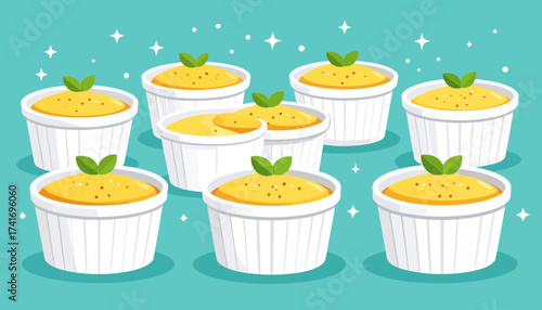 Cute yellow creamy desserts in white ramekins with green leaves. Sweet pudding or mousse illustration on a sparkling teal background.