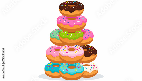 Pyramid Stack of Colorful Glazed Donuts with Sprinkles - Sweet Dessert Illustration