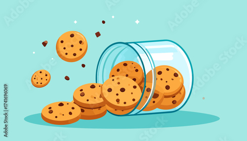 Sweet chocolate chip cookies spilling from a glass jar on a light blue background. Delicious snack illustration.