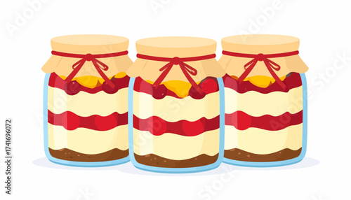 Sweet Layered Fruit Desserts in Glass Jars with Decorative Ribbons - Homemade Parfaits Illustration