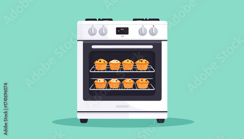 White modern oven baking delicious muffins on racks. Flat vector illustration of kitchen appliance and sweet pastries.