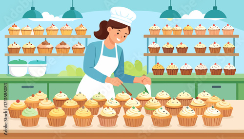 Smiling woman baker decorating delicious cupcakes with frosting in a sweet bakery shop