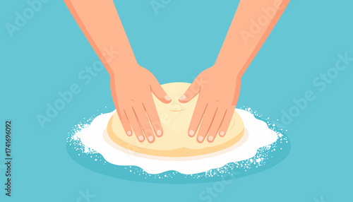 Hands kneading dough with flour. Baking preparation process. Flat vector illustration for cooking, pastry, and homemade food concept.