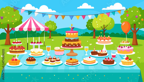 Colorful Outdoor Party Dessert Table with Cakes, Cupcakes, and Bunting Decoration Illustration