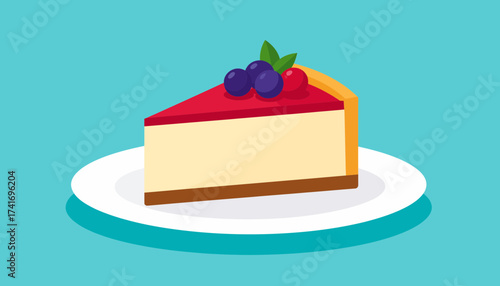 Cheesecake Slice with Berry Topping on Plate, Flat Design Vector Illustration