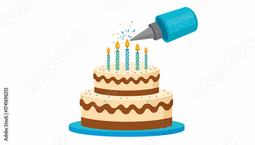 Decorating a festive two-tier birthday cake with lit candles and blue sprinkles. Celebration dessert preparation.