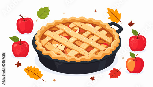 Delicious Apple Pie in Baking Dish with Fresh Apples and Autumn Leaves. Fall Dessert Illustration for Thanksgiving.