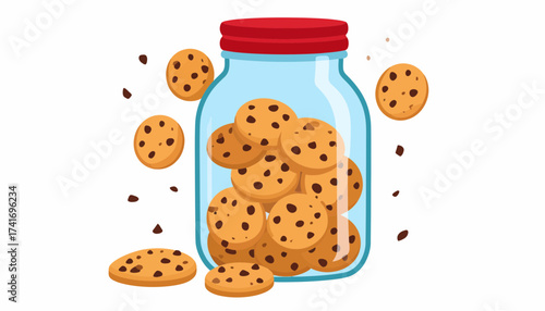 Delicious Chocolate Chip Cookies in Glass Jar and Scattered Around - Vector Illustration