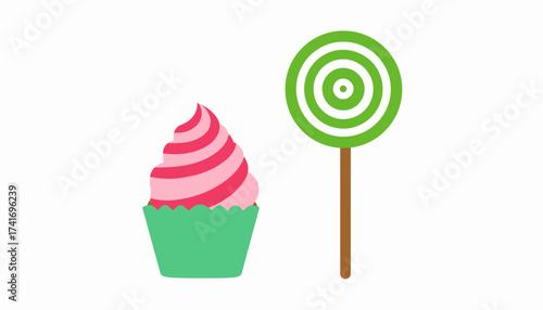Flat Design Sweet Treats: Pink Cupcake and Green Swirl Lollipop Illustration