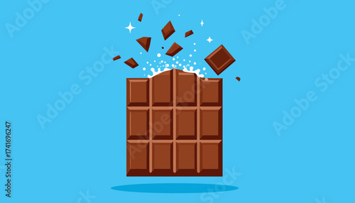 Breaking Chocolate Bar Illustration with Flying Pieces and Sparkles on Blue Background - Sweet Dessert Vector