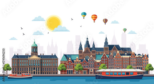 Vibrant Amsterdam Skyline A Colorful Cityscape Illustration with Balloons