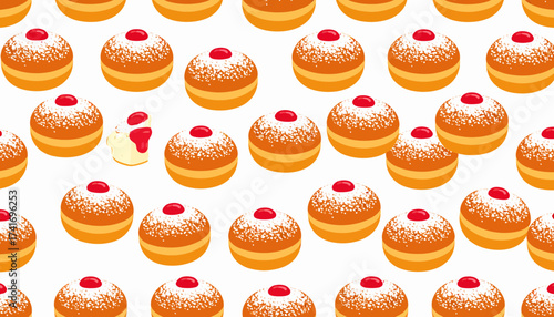 Sweet Jelly Donuts Seamless Pattern with Powdered Sugar and Cherry Topping. Festive Dessert Illustration.
