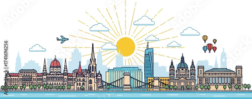 Vibrant outline vector illustration showcasing a dynamic European city skyline with iconic buildings, a river, and various travel elements under a bright sun