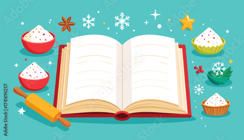 Festive Baking Recipe Book with Ingredients and Winter Decorations Illustration