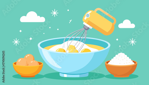 Baking Ingredients Mixing with Electric Hand Mixer. Flat Illustration of Food Preparation, Eggs & Flour in Bowls.