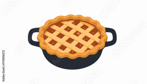 Classic lattice pie in black baking dish. Sweet dessert illustration icon.