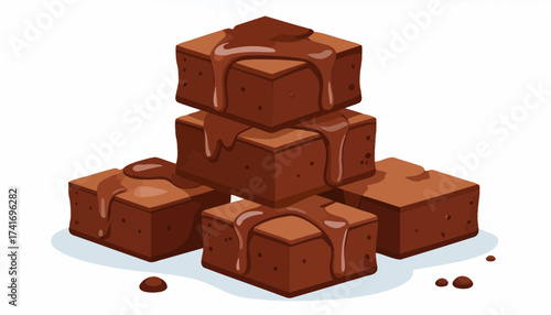 Stack of rich chocolate brownies with gooey chocolate sauce drizzle illustration, isolated on white background