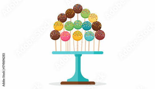Vibrant colorful cake pops tower on a blue stand, sweet party dessert vector illustration with sprinkles