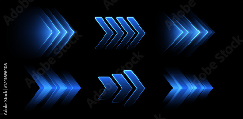 Glowing blue arrows, dynamic glowing pointers, fast motion. Movement, boost or action concept. Vector illustration.