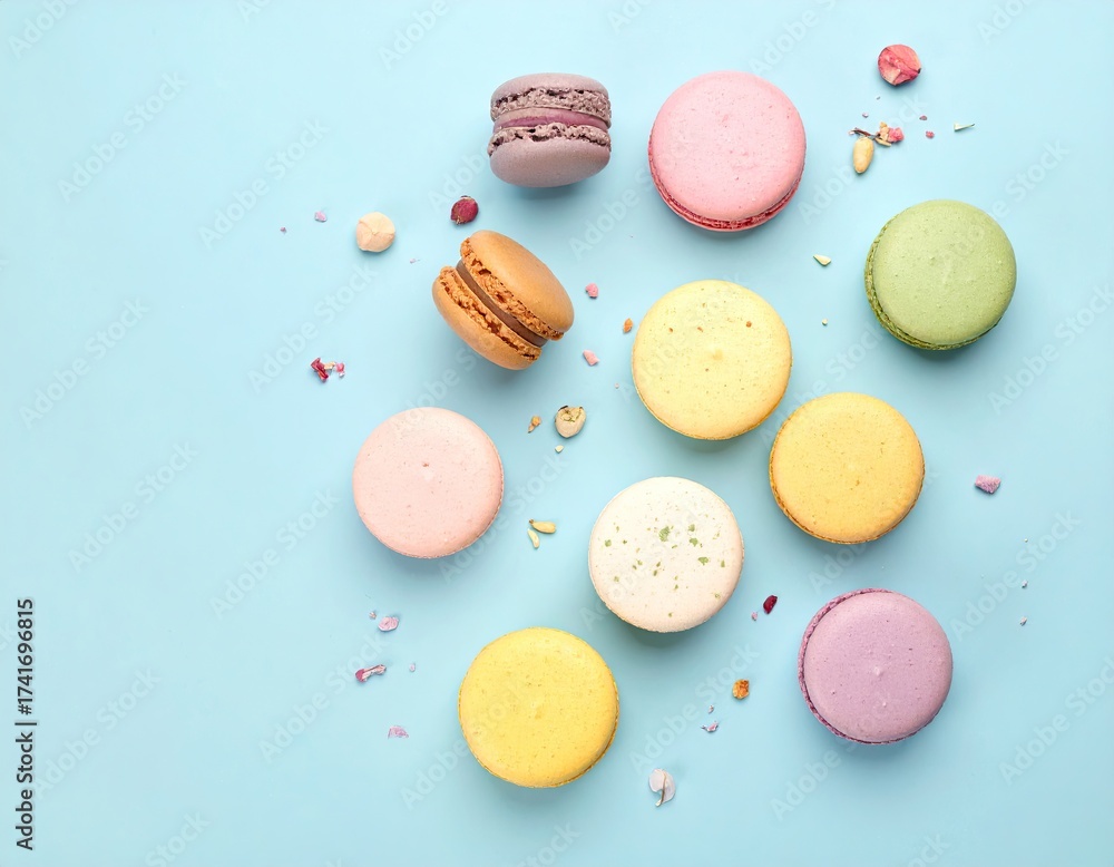 Obraz premium Assorted macarons scattered on a light blue background