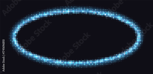 Blue halftone frames, glowing circle borders, round pattern with dots, radial disco luxury design element. Vector illustration.