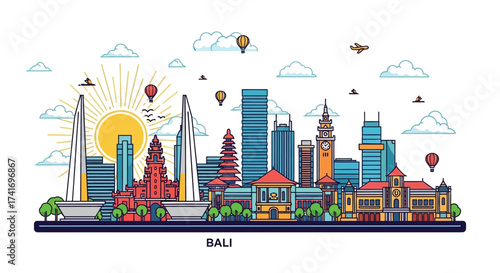 Colorful Bali, Indonesia city skyline illustration with famous landmarks, traditional temples, and modern architecture in a flat line art style