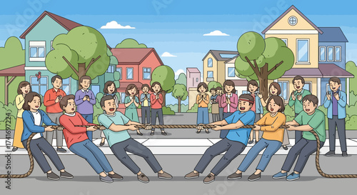 Community Tug-of-War Game on Residential Street. Teams Competing with Cheering Spectators. Teamwork Challenge.