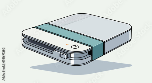 Isometric illustration of a modern portable electronic device, compact tech gadget with card slot and power button.