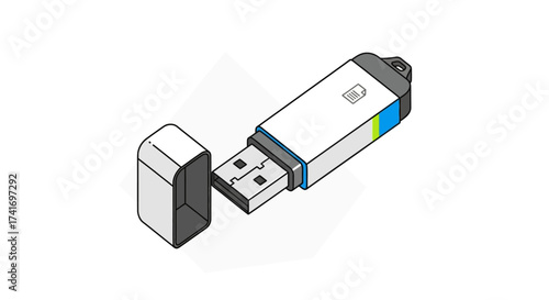 Isometric USB Flash Drive Icon. Portable Digital Data Storage Device with Cap Removed.