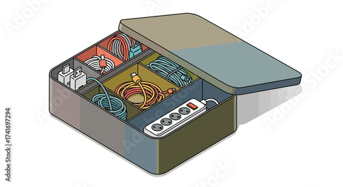 Organized Electronic Accessories Storage Box Illustration with Cables, Adapters & Power Strip