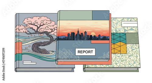 Set of three stylized books with diverse cover designs: nature, urban skyline, and abstract patterns. Education, creativity, knowledge concept.