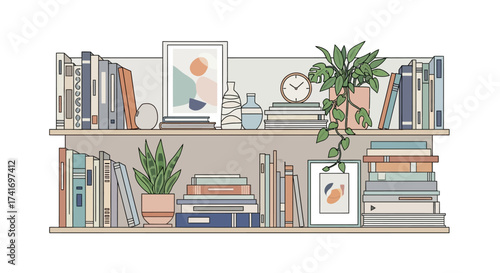 Stylish Bookshelves with Books, Plants & Home Decor. Organized Modern Minimalist Interior Illustration.
