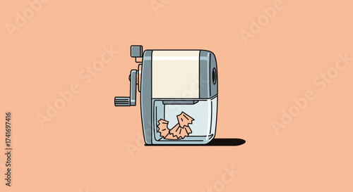 Vintage mechanical pencil sharpener with a tiny, sleeping anthropomorphic wood character inside its shaving compartment. Stationery illustration.