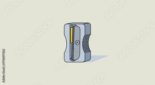 Classic metal pencil sharpener with yellow blade illustration on a light background. Essential stationery item for office and school supplies.