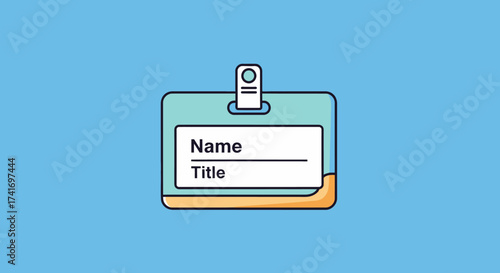 Flat Design ID Badge Icon with Name and Title Fields on Blue Background