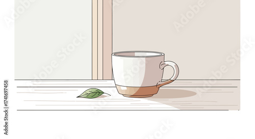 Minimalist illustration of a ceramic mug and a fresh green leaf on a sunlit surface, evoking calm and simplicity.